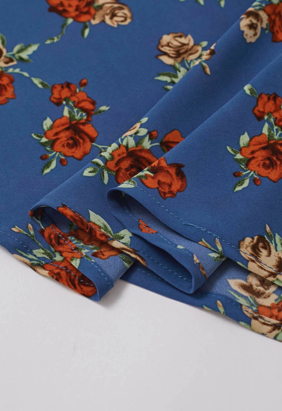 Rose Printed Open Back Halter Neck Dress in Navy