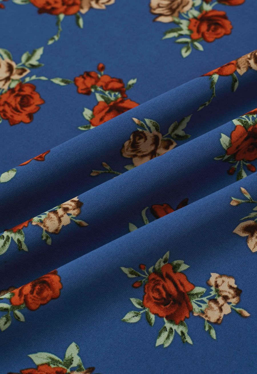 Rose Printed Open Back Halter Neck Dress in Navy