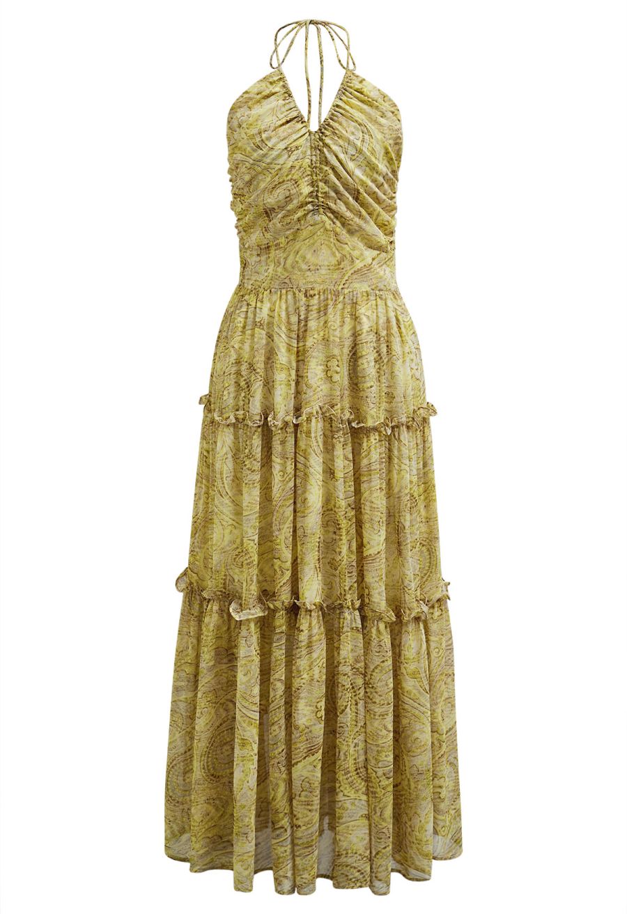 Abstract Paisley Drawstring Halter Neck Chiffon Dress