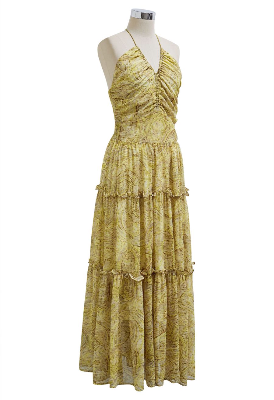 Abstract Paisley Drawstring Halter Neck Chiffon Dress