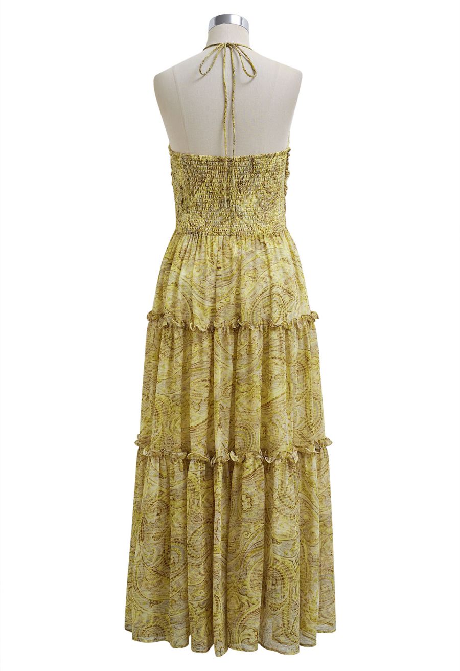 Abstract Paisley Drawstring Halter Neck Chiffon Dress