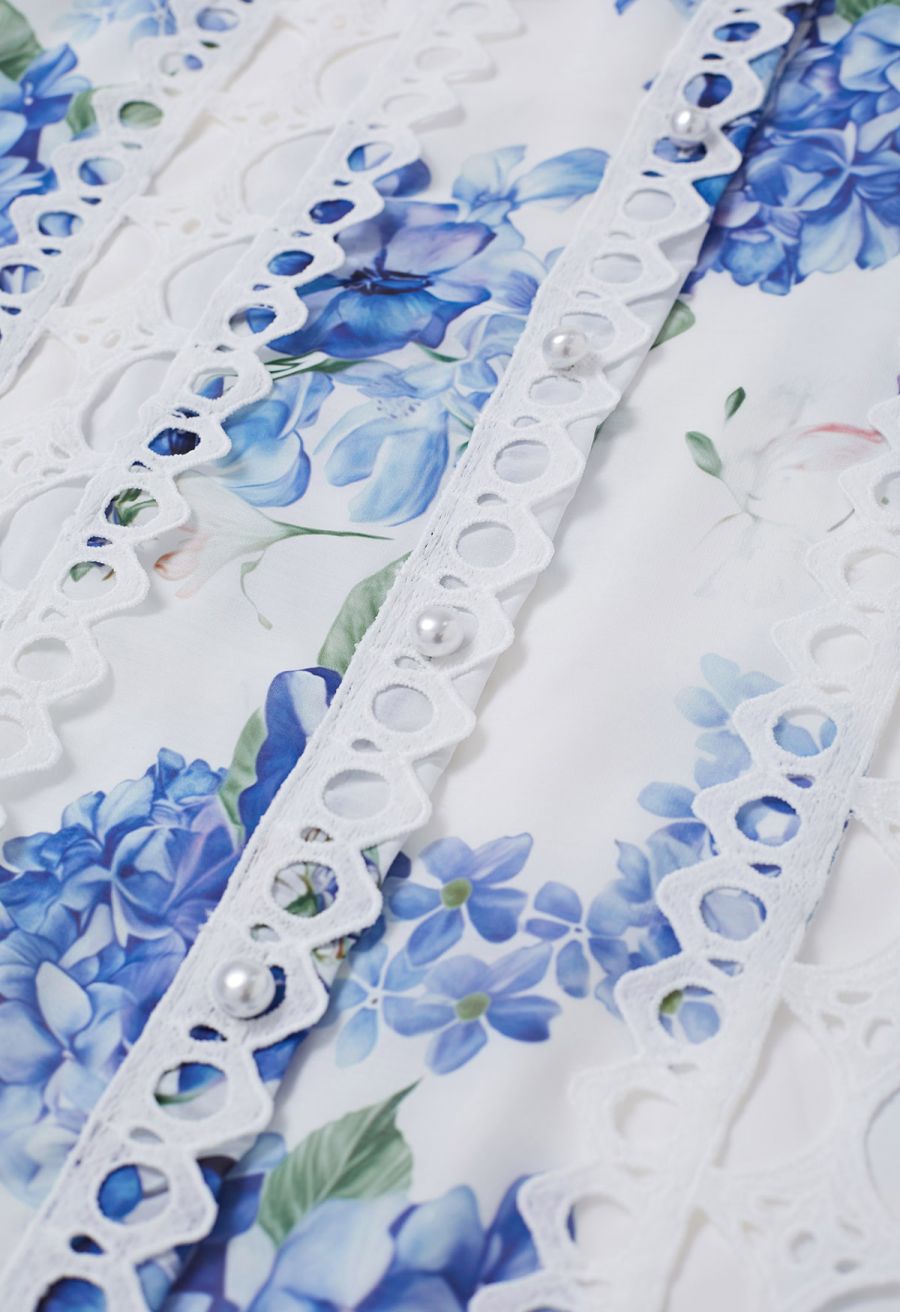 Blue Hydrangea Printed Cutwork Lace Trim Sleeveless Midi Dress