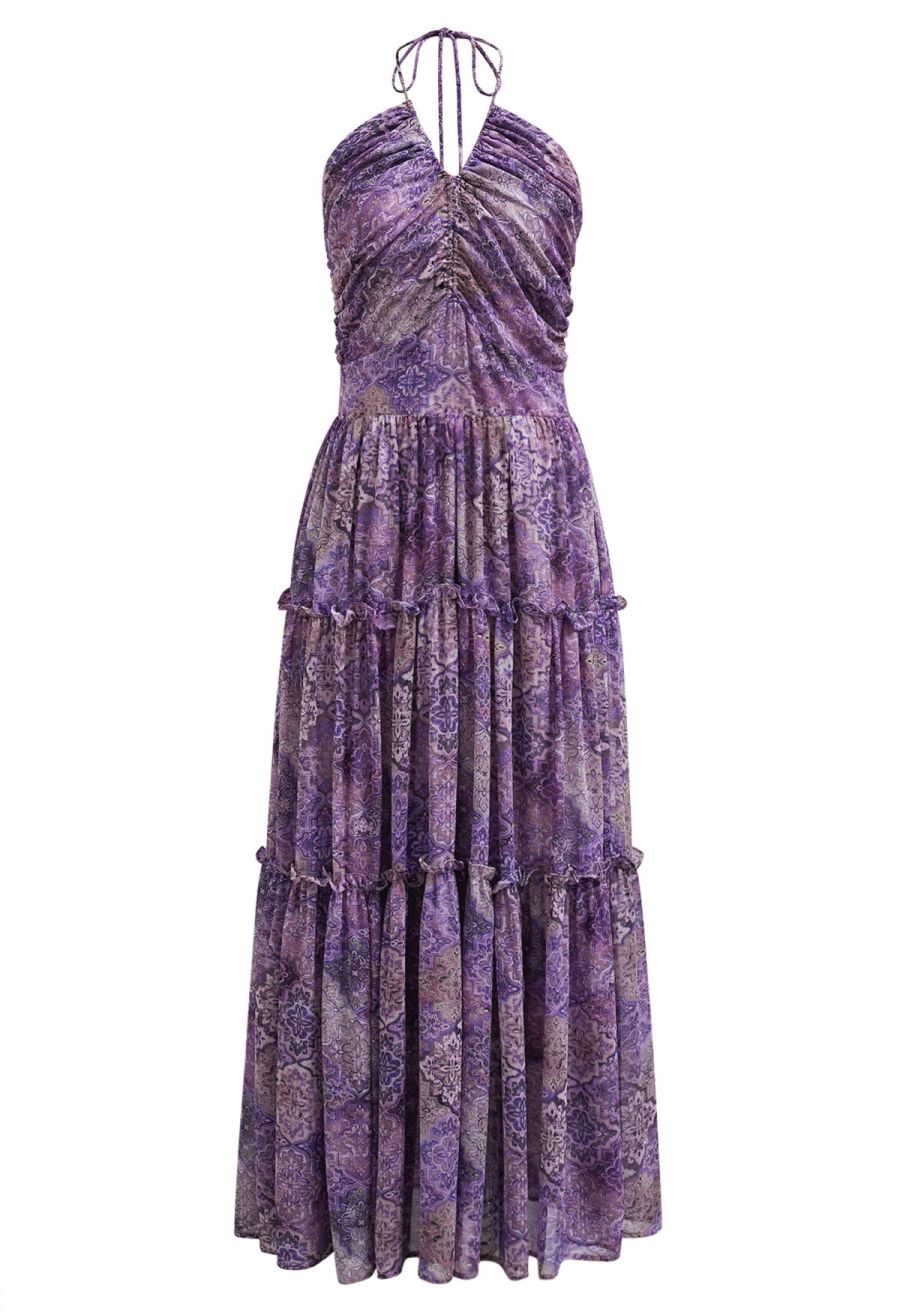 Boho Tile Drawstring Halter Neck Chiffon Dress