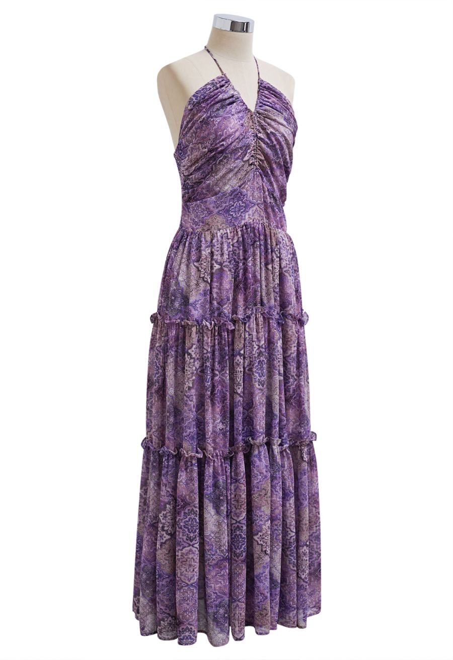Boho Tile Drawstring Halter Neck Chiffon Dress