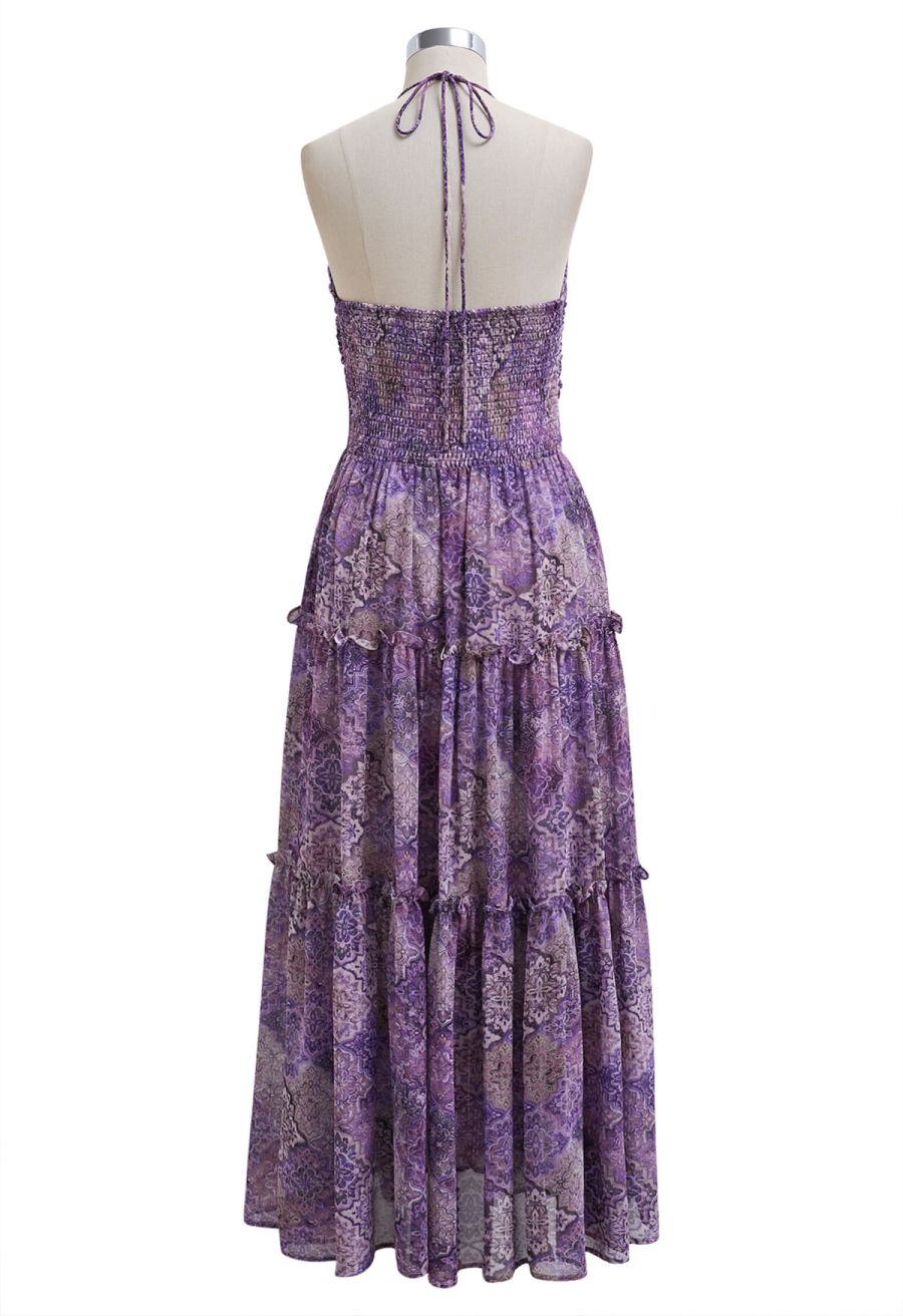 Boho Tile Drawstring Halter Neck Chiffon Dress