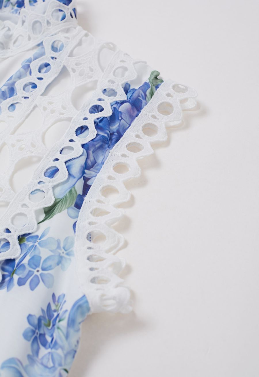 Blue Hydrangea Printed Cutwork Lace Trim Sleeveless Midi Dress