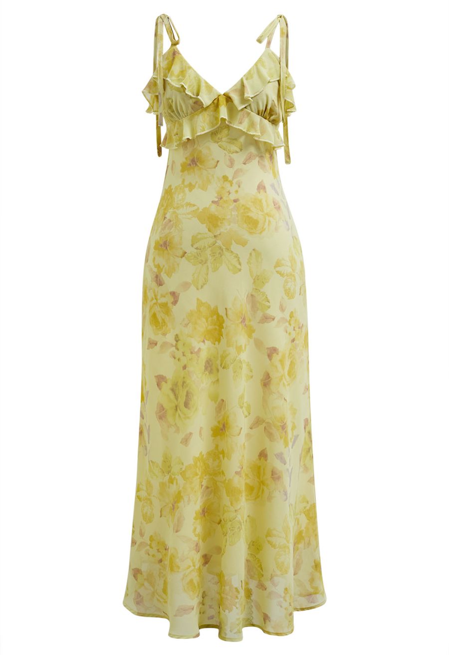 Yellow Floral Printed Ruffle Chiffon Cami Dress