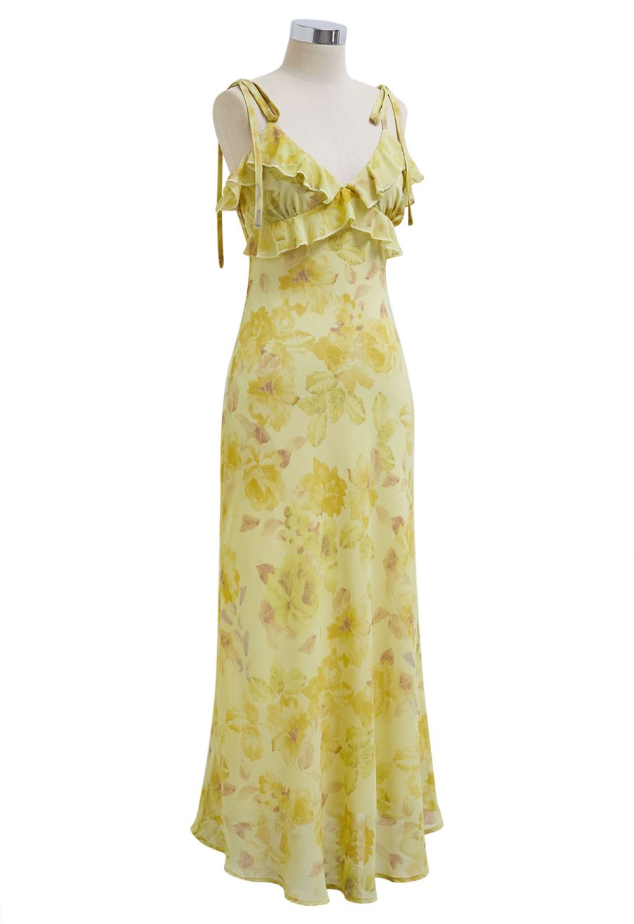 Yellow Floral Printed Ruffle Chiffon Cami Dress