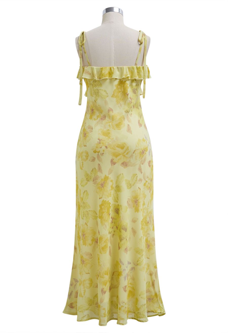 Yellow Floral Printed Ruffle Chiffon Cami Dress