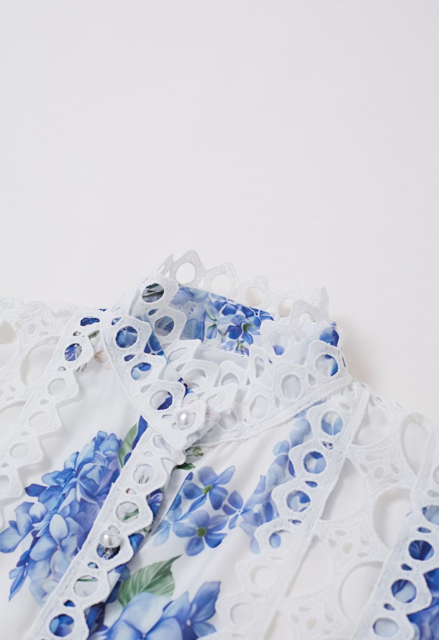 Blue Hydrangea Printed Cutwork Lace Trim Sleeveless Midi Dress