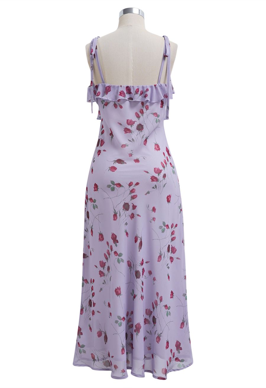 Rose Bud Printed Ruffle Chiffon Cami Dress