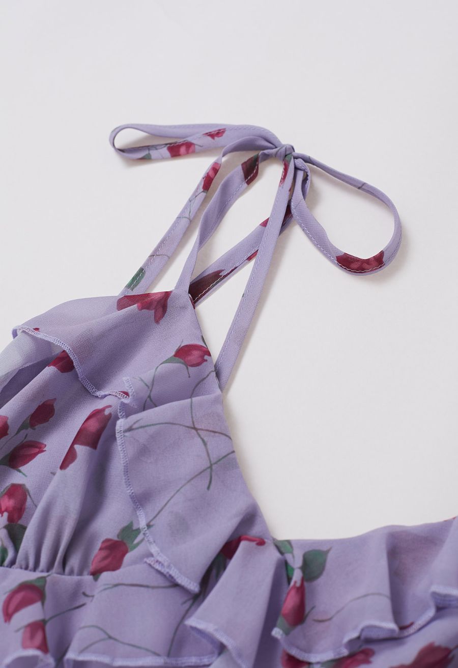 Rose Bud Printed Ruffle Chiffon Cami Dress