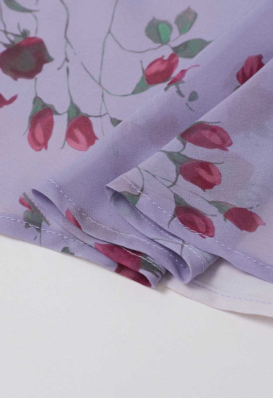 Rose Bud Printed Ruffle Chiffon Cami Dress