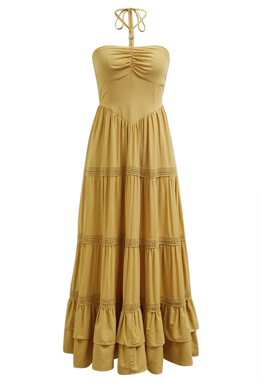 Resin Bead Halter Neck Lace Panel Tiered Dress in Mustard
