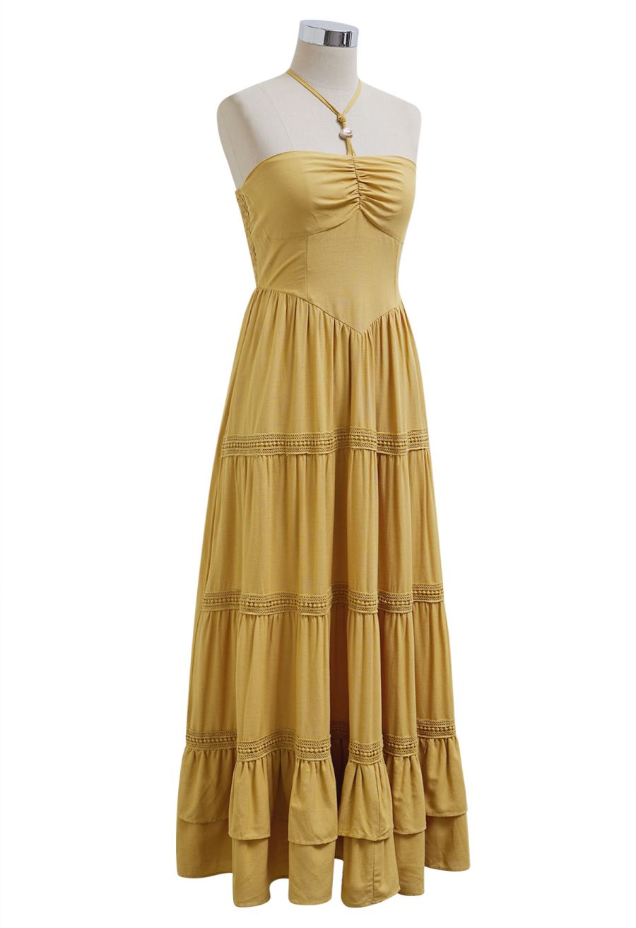 Resin Bead Halter Neck Lace Panel Tiered Dress in Mustard