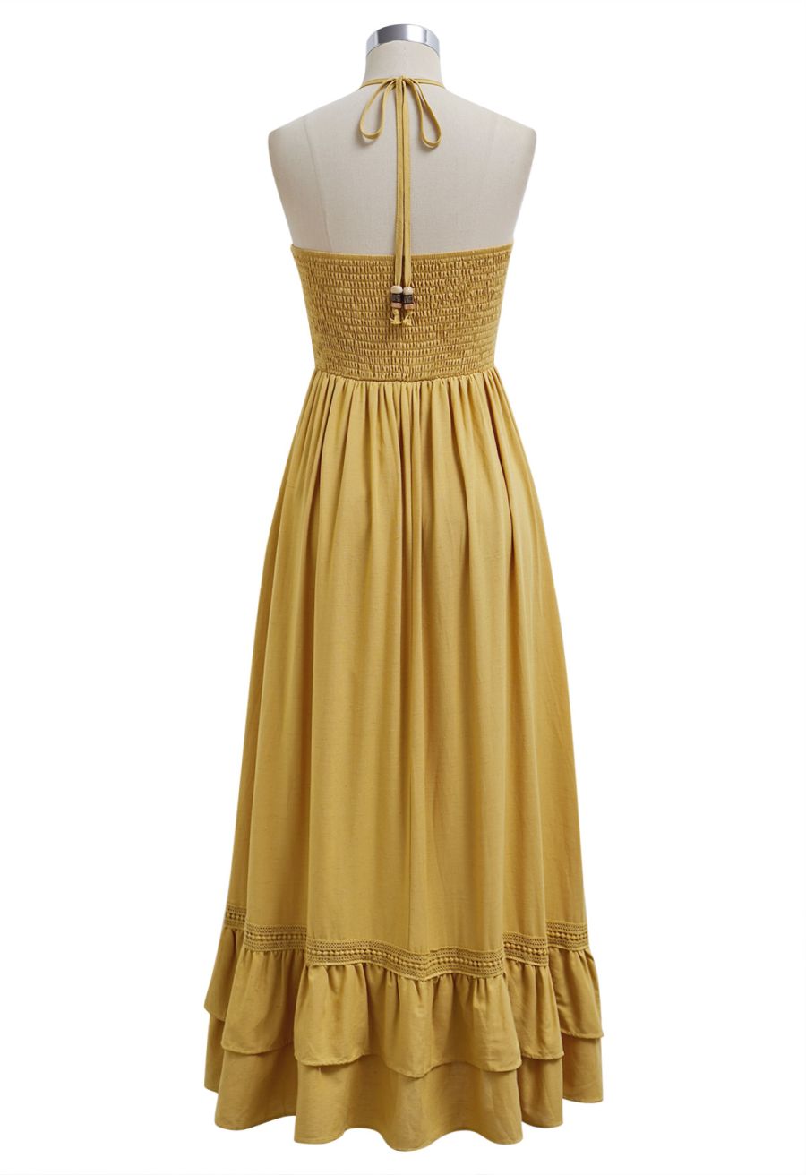 Resin Bead Halter Neck Lace Panel Tiered Dress in Mustard