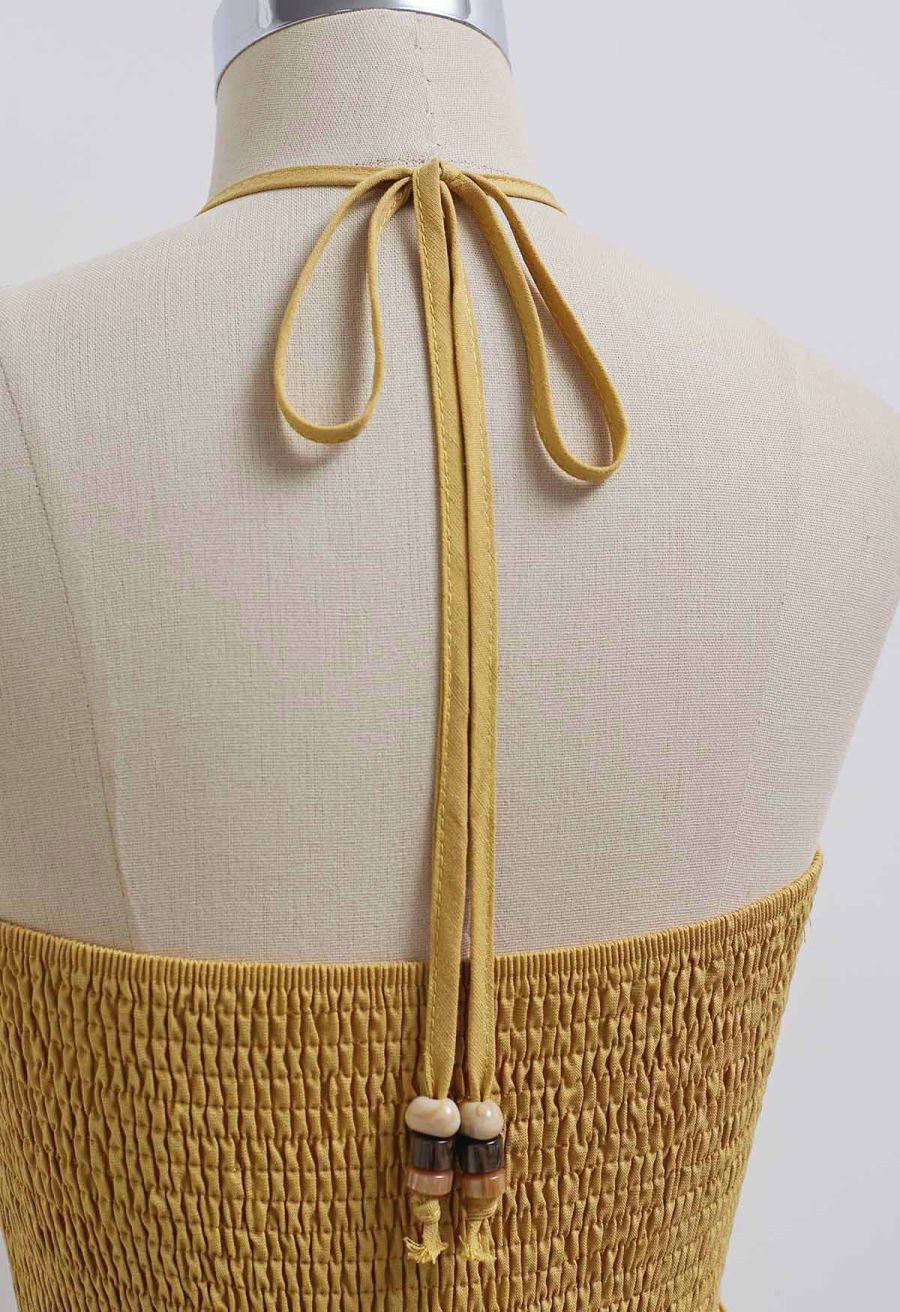 Resin Bead Halter Neck Lace Panel Tiered Dress in Mustard