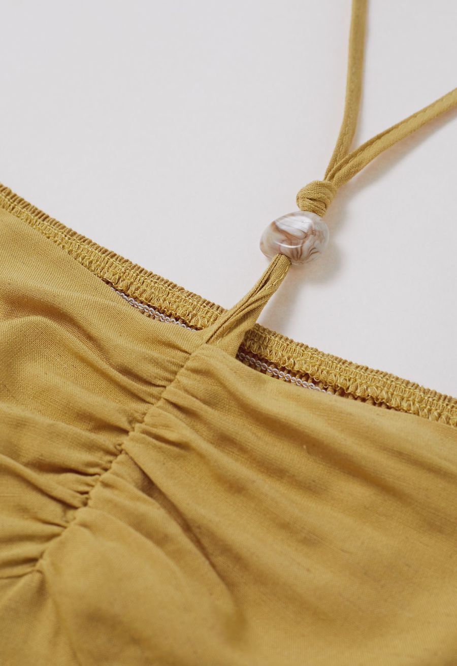 Resin Bead Halter Neck Lace Panel Tiered Dress in Mustard