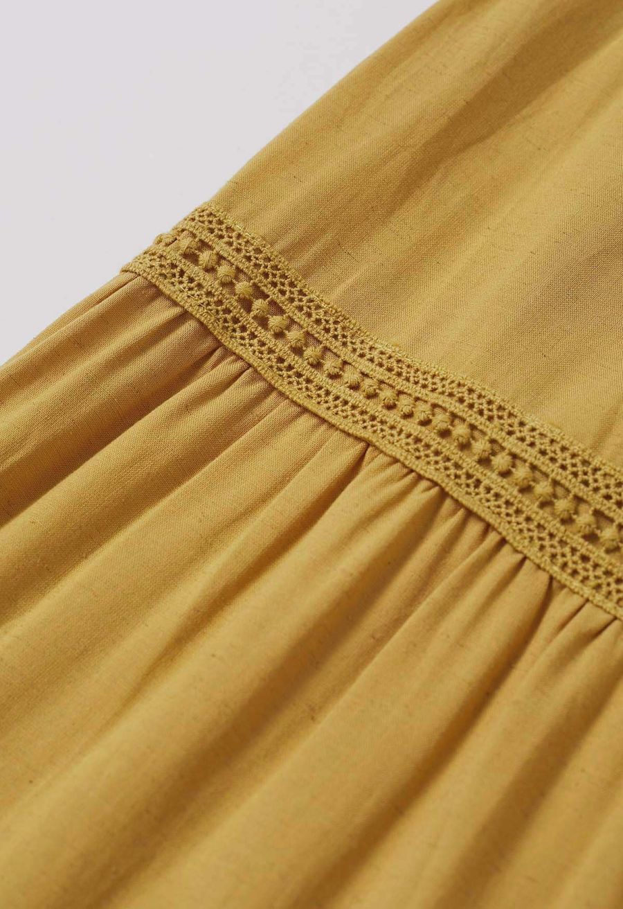 Resin Bead Halter Neck Lace Panel Tiered Dress in Mustard