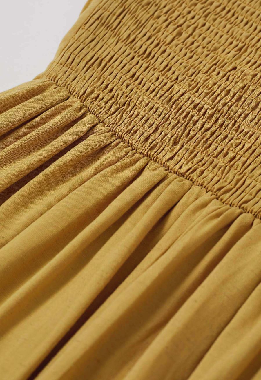 Resin Bead Halter Neck Lace Panel Tiered Dress in Mustard