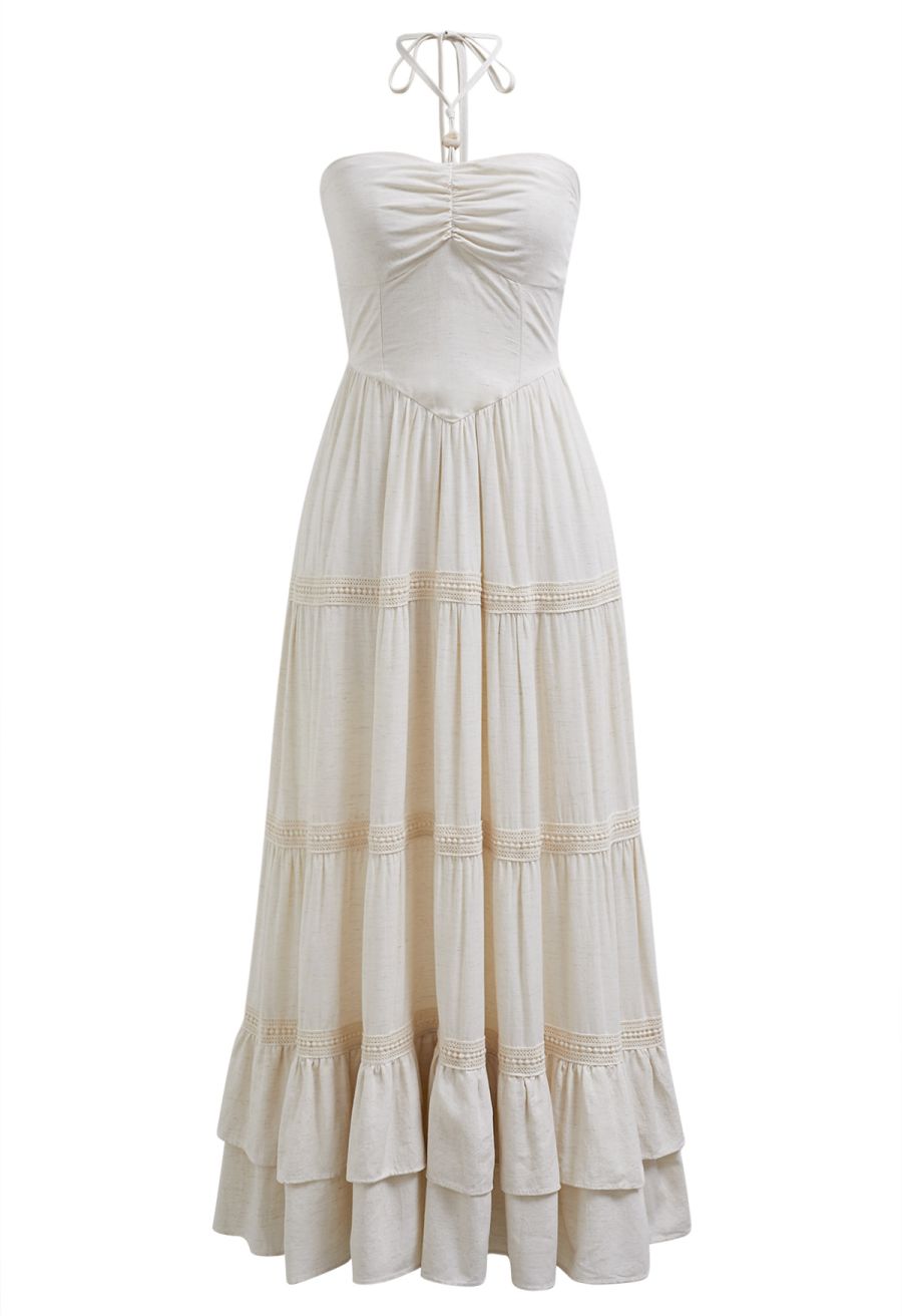 Resin Bead Halter Neck Lace Panel Tiered Dress in Ivory