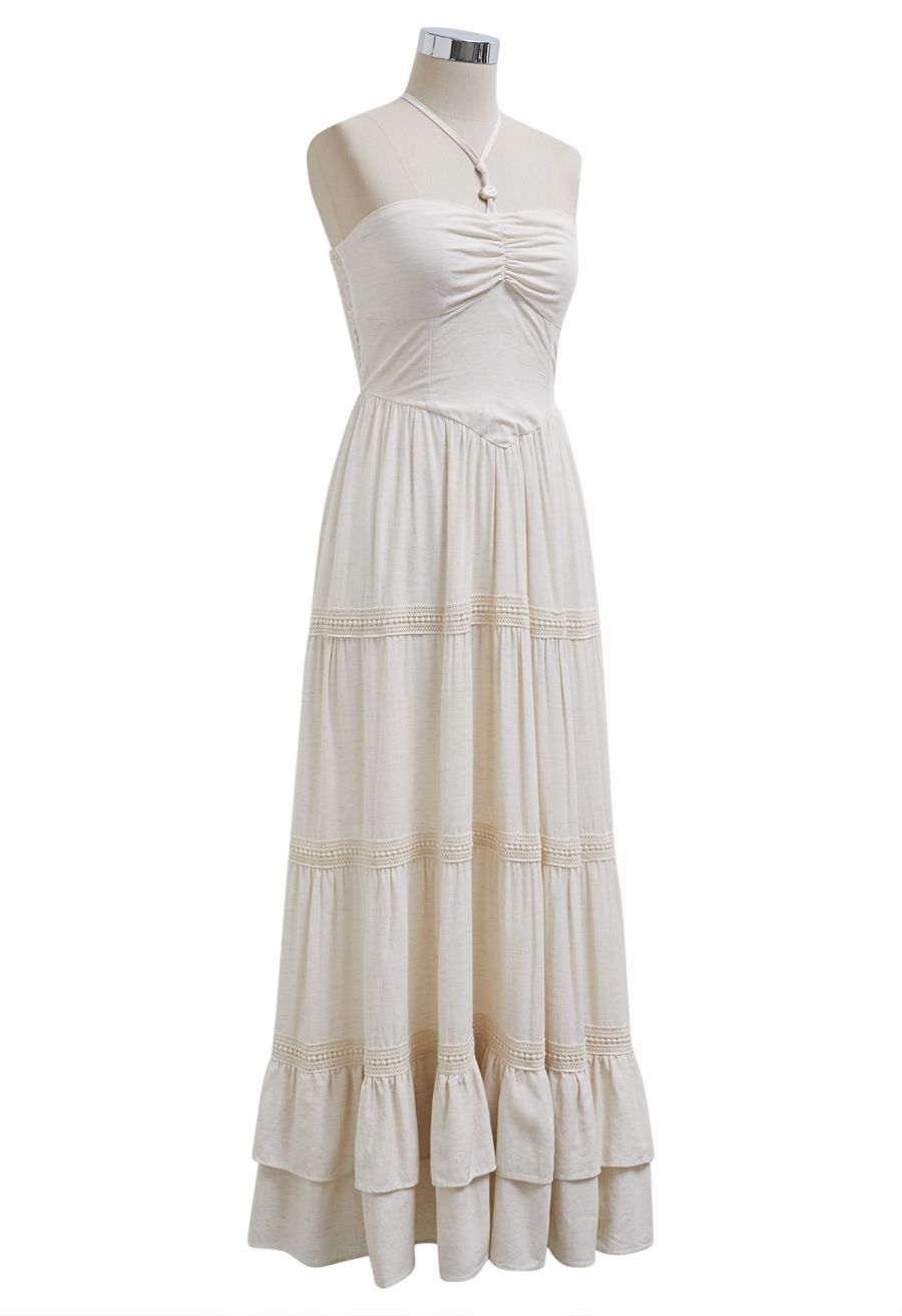 Resin Bead Halter Neck Lace Panel Tiered Dress in Ivory
