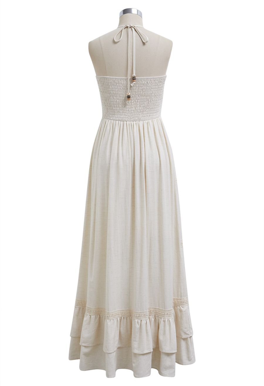 Resin Bead Halter Neck Lace Panel Tiered Dress in Ivory
