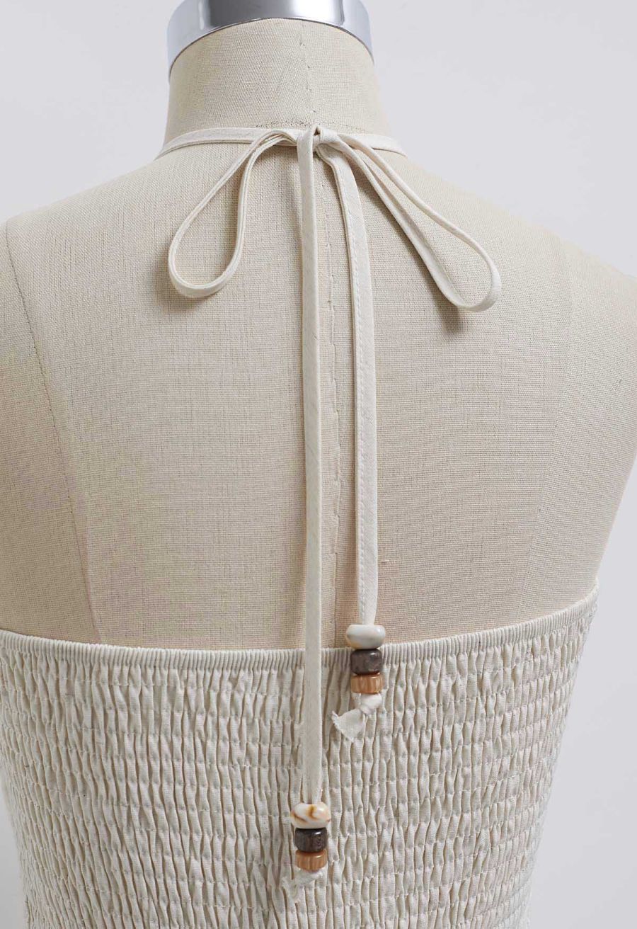 Resin Bead Halter Neck Lace Panel Tiered Dress in Ivory