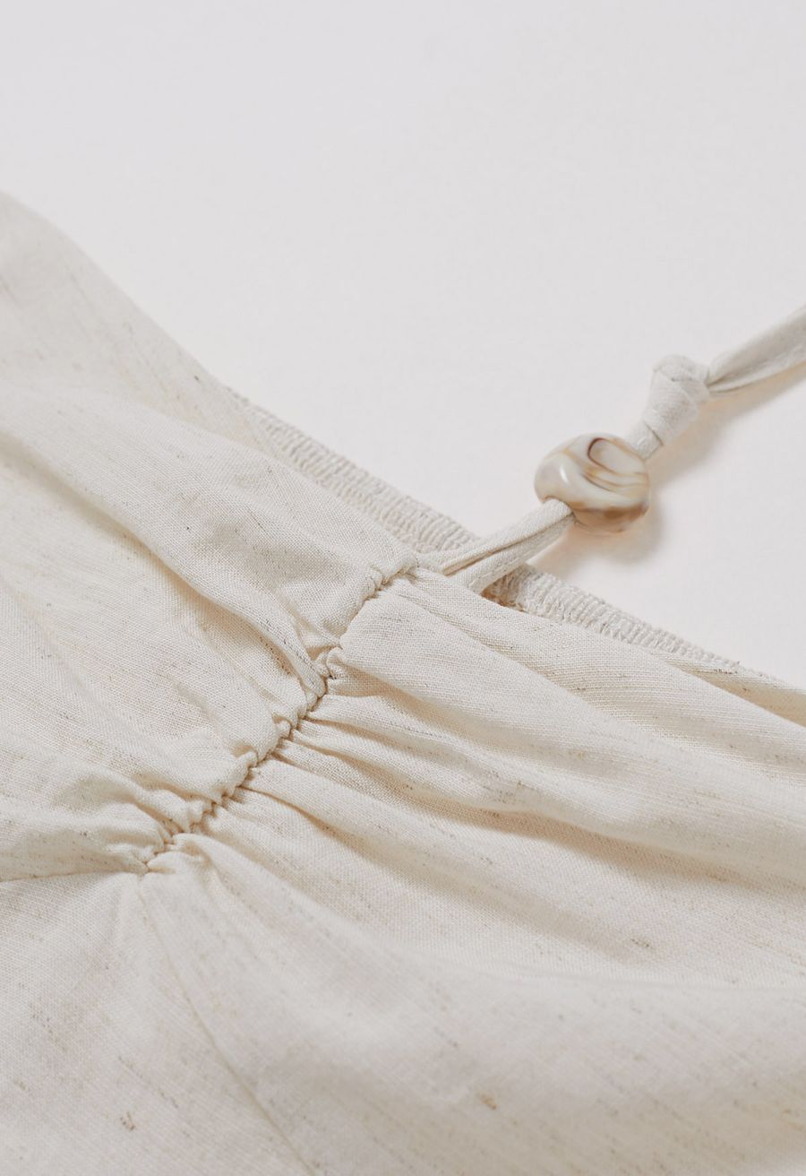 Resin Bead Halter Neck Lace Panel Tiered Dress in Ivory