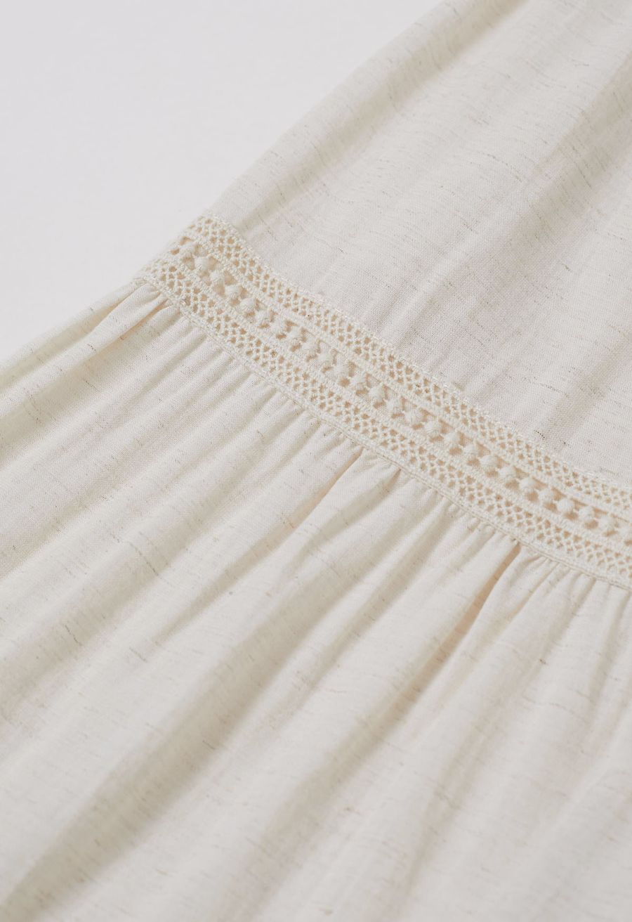 Resin Bead Halter Neck Lace Panel Tiered Dress in Ivory