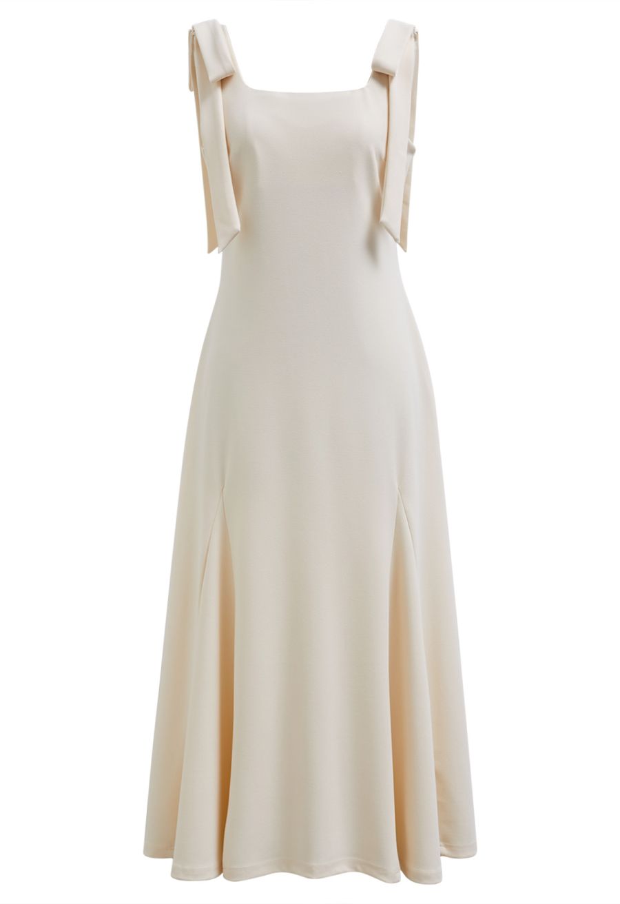 Removable Bow Straps Square Neck A-Line Dress in Cream