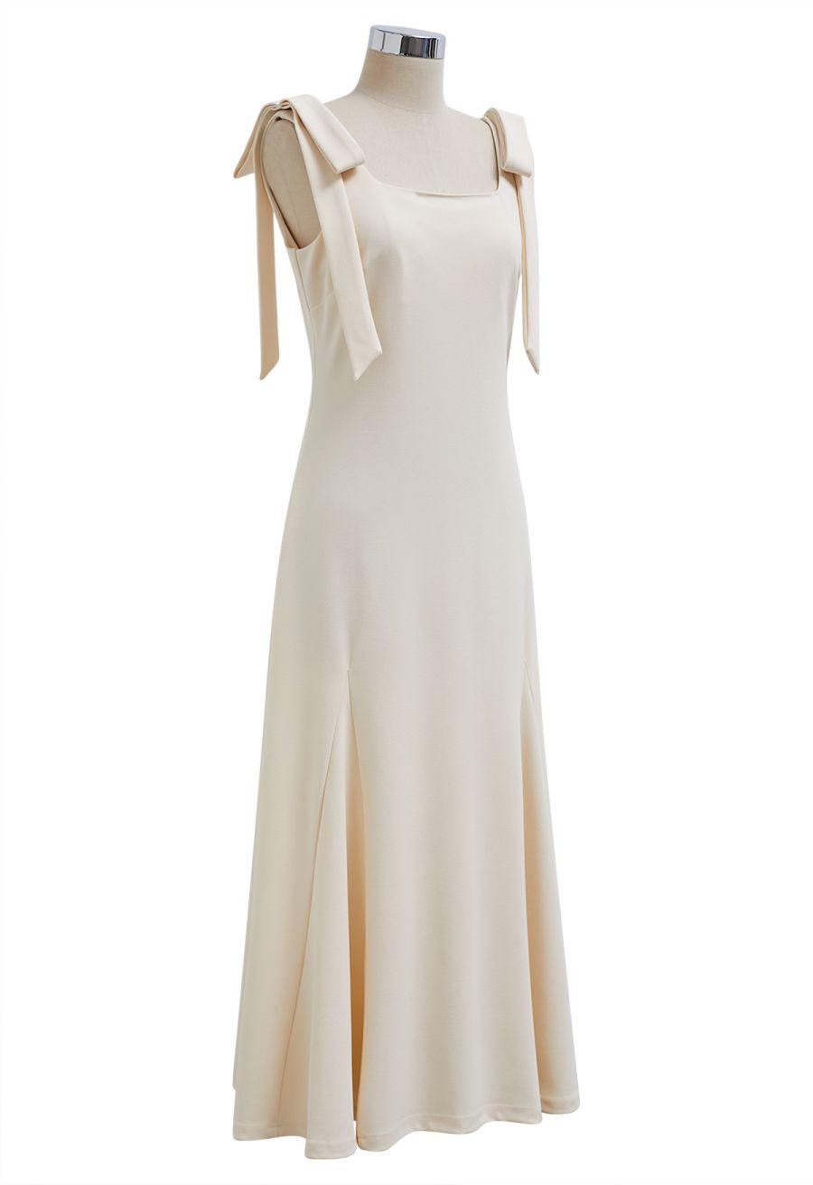 Removable Bow Straps Square Neck A-Line Dress in Cream