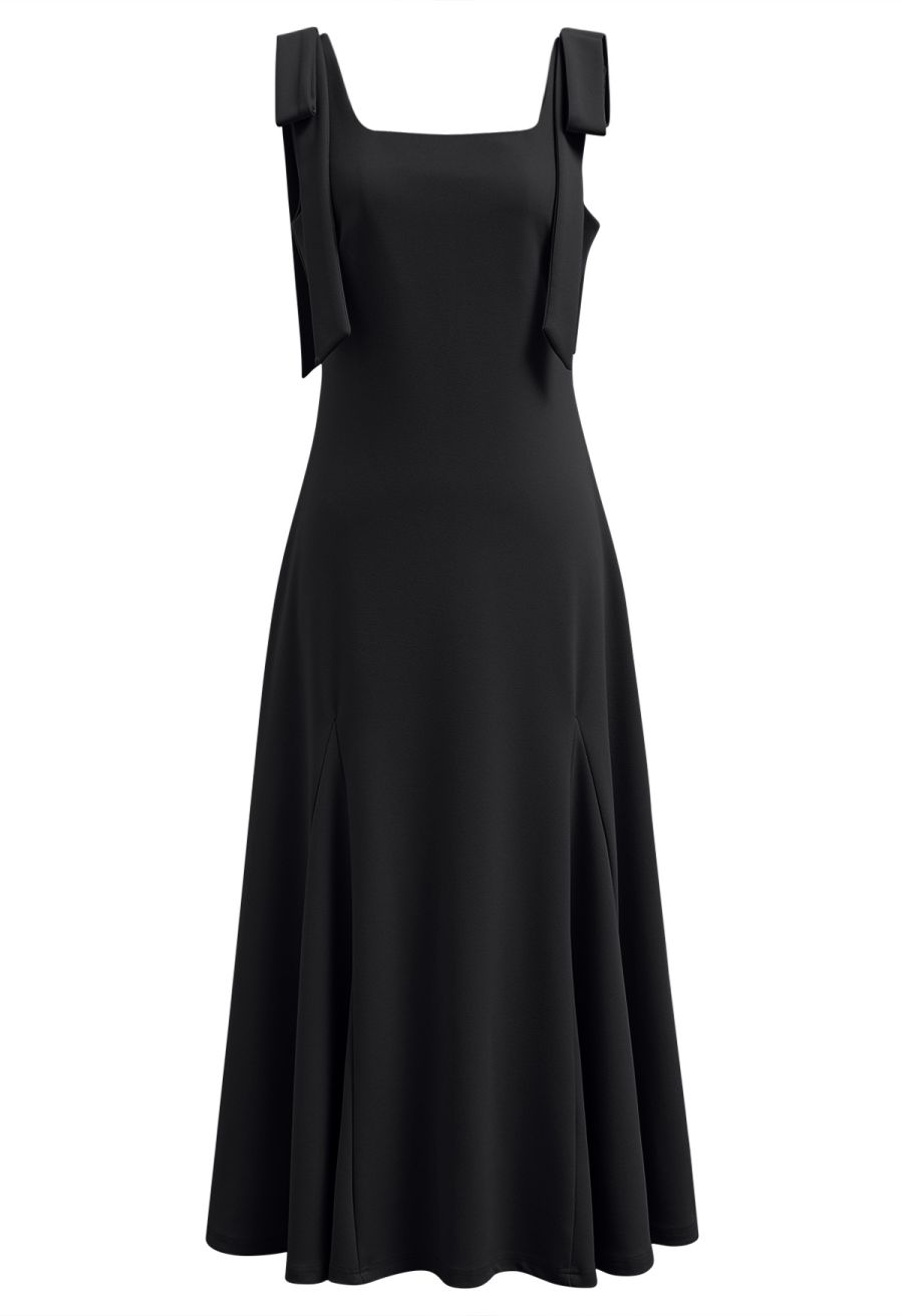 Removable Bow Straps Square Neck A-Line Dress in Black