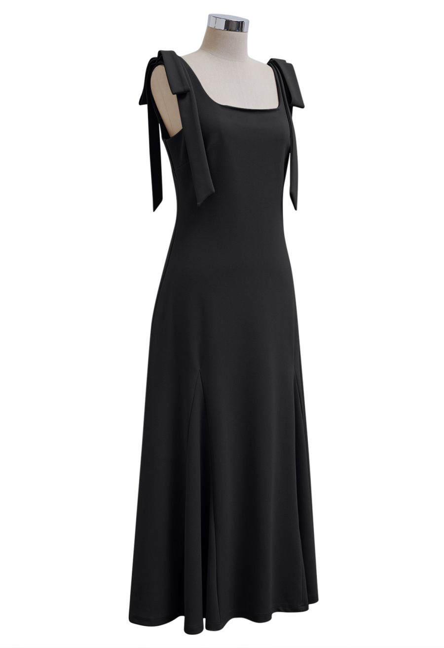 Removable Bow Straps Square Neck A-Line Dress in Black