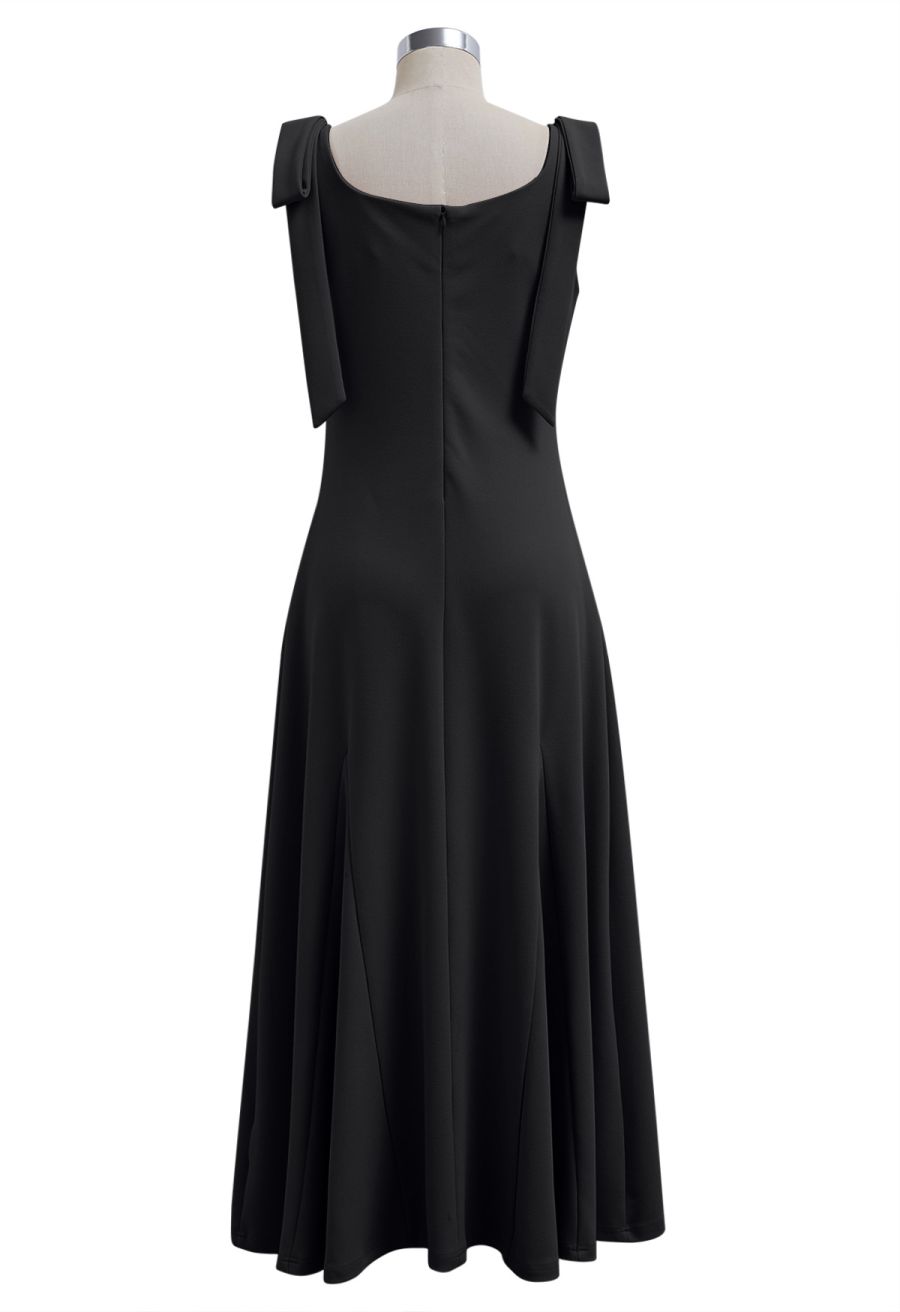 Removable Bow Straps Square Neck A-Line Dress in Black