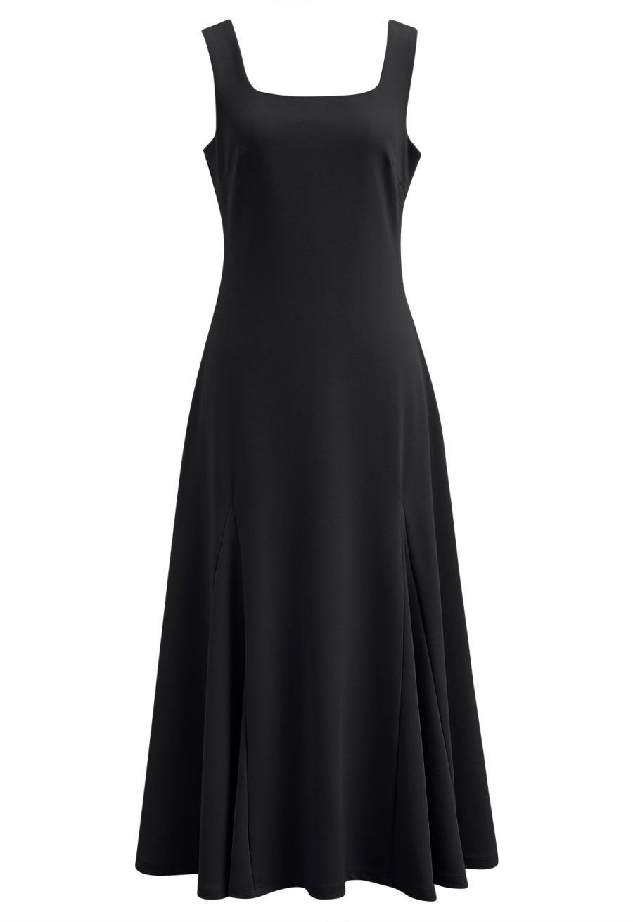 Removable Bow Straps Square Neck A-Line Dress in Black