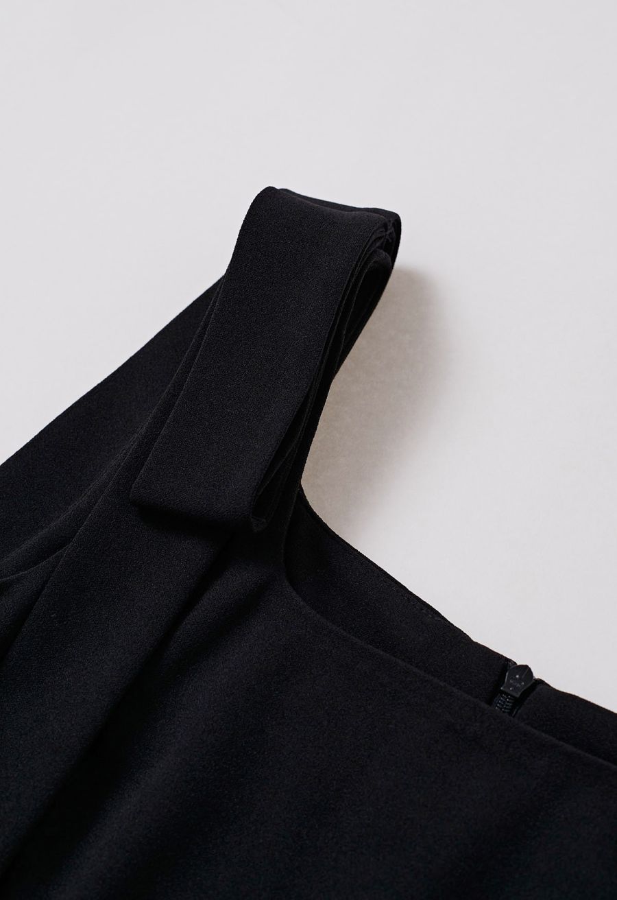 Removable Bow Straps Square Neck A-Line Dress in Black