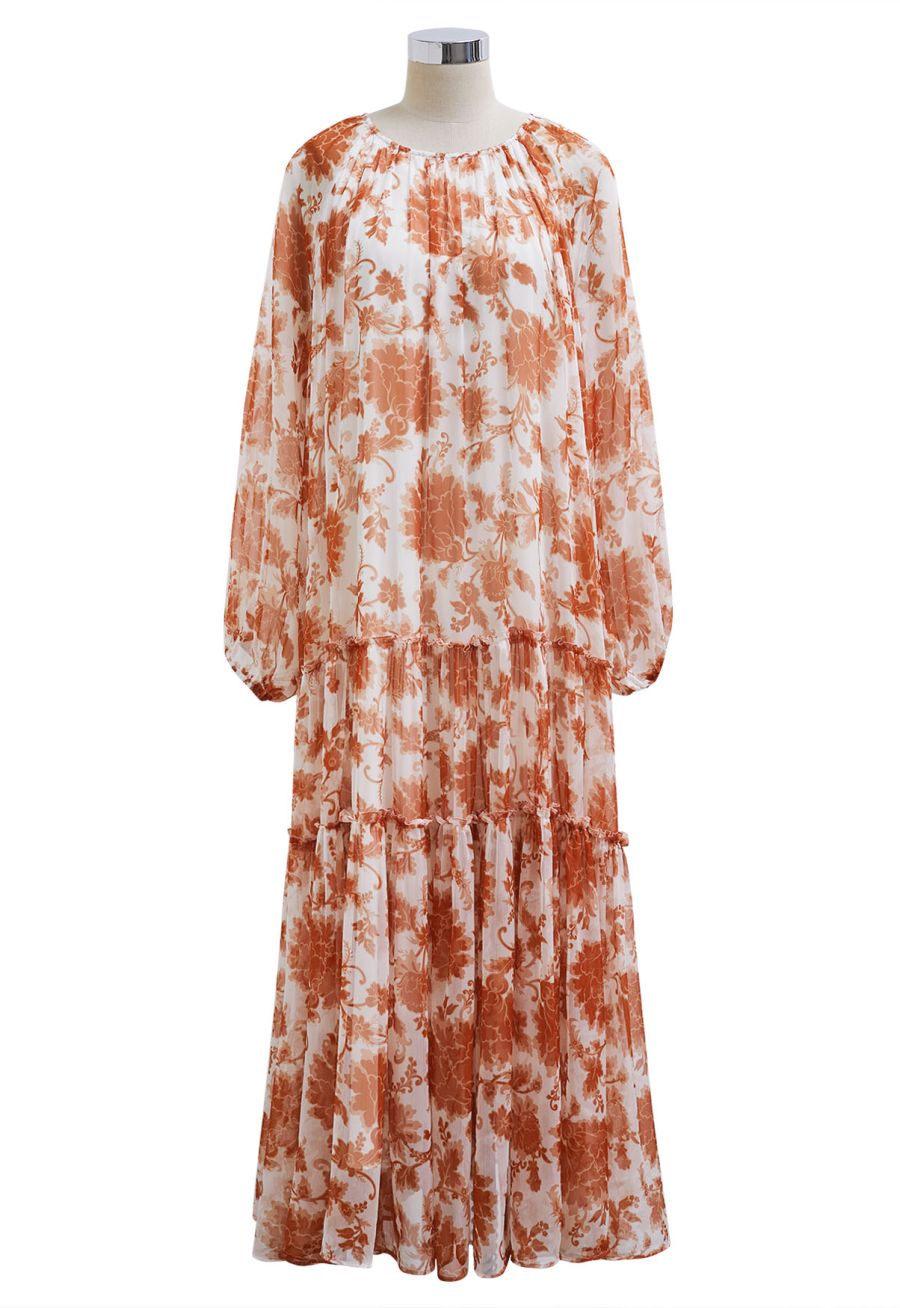 Serene Bloom Puff Sleeve Ruffle Chiffon Maxi Dress in Orange
