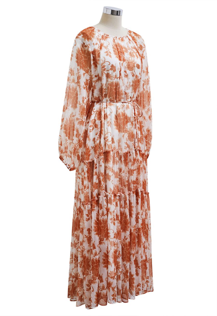 Serene Bloom Puff Sleeve Ruffle Chiffon Maxi Dress in Orange