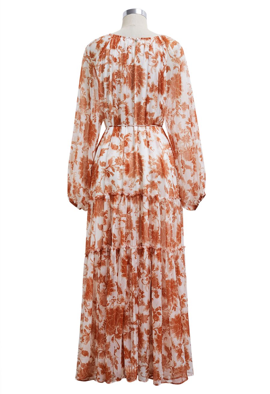 Serene Bloom Puff Sleeve Ruffle Chiffon Maxi Dress in Orange
