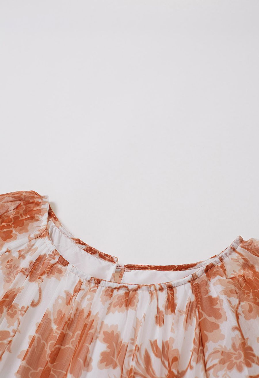 Serene Bloom Puff Sleeve Ruffle Chiffon Maxi Dress in Orange