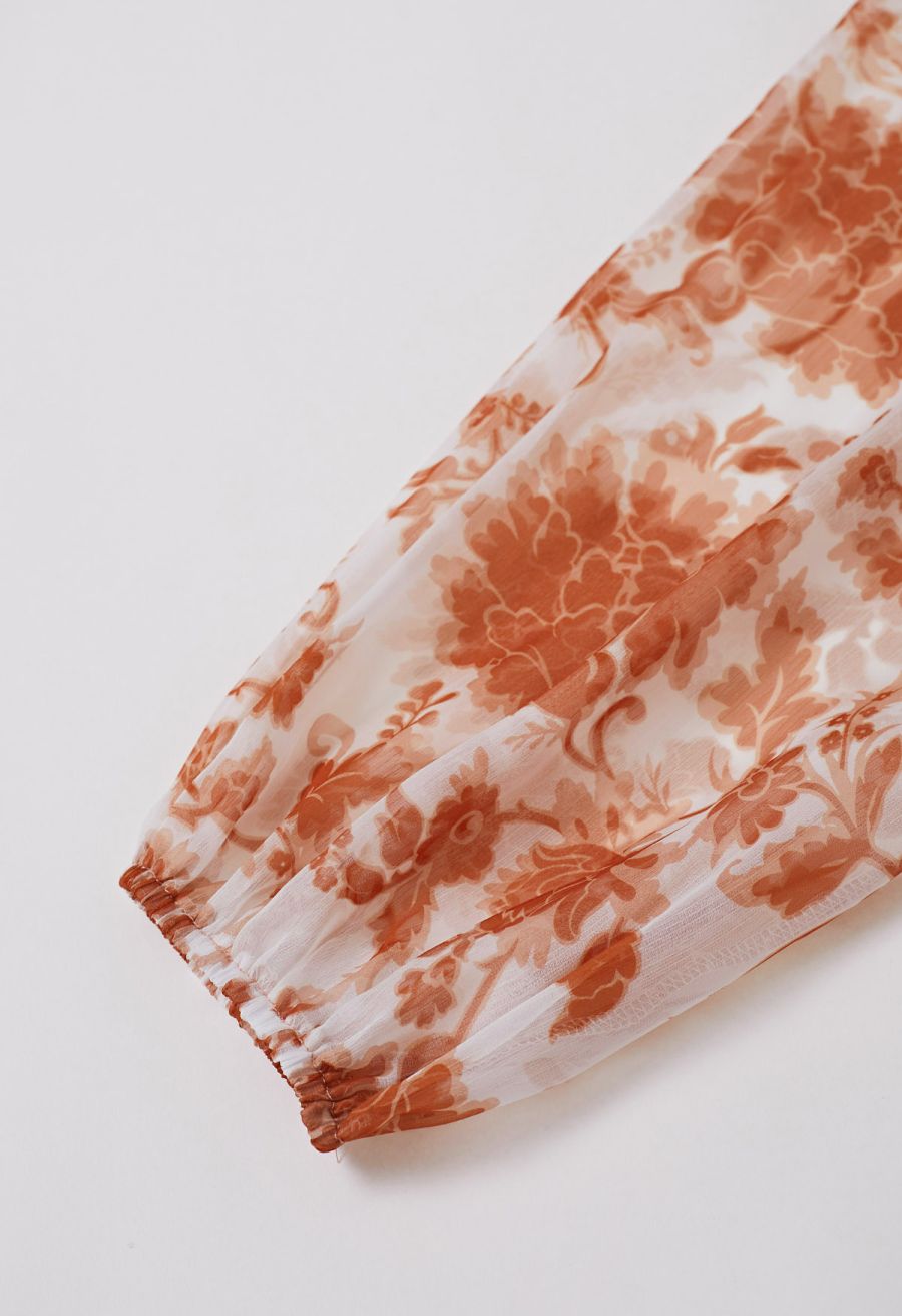 Serene Bloom Puff Sleeve Ruffle Chiffon Maxi Dress in Orange