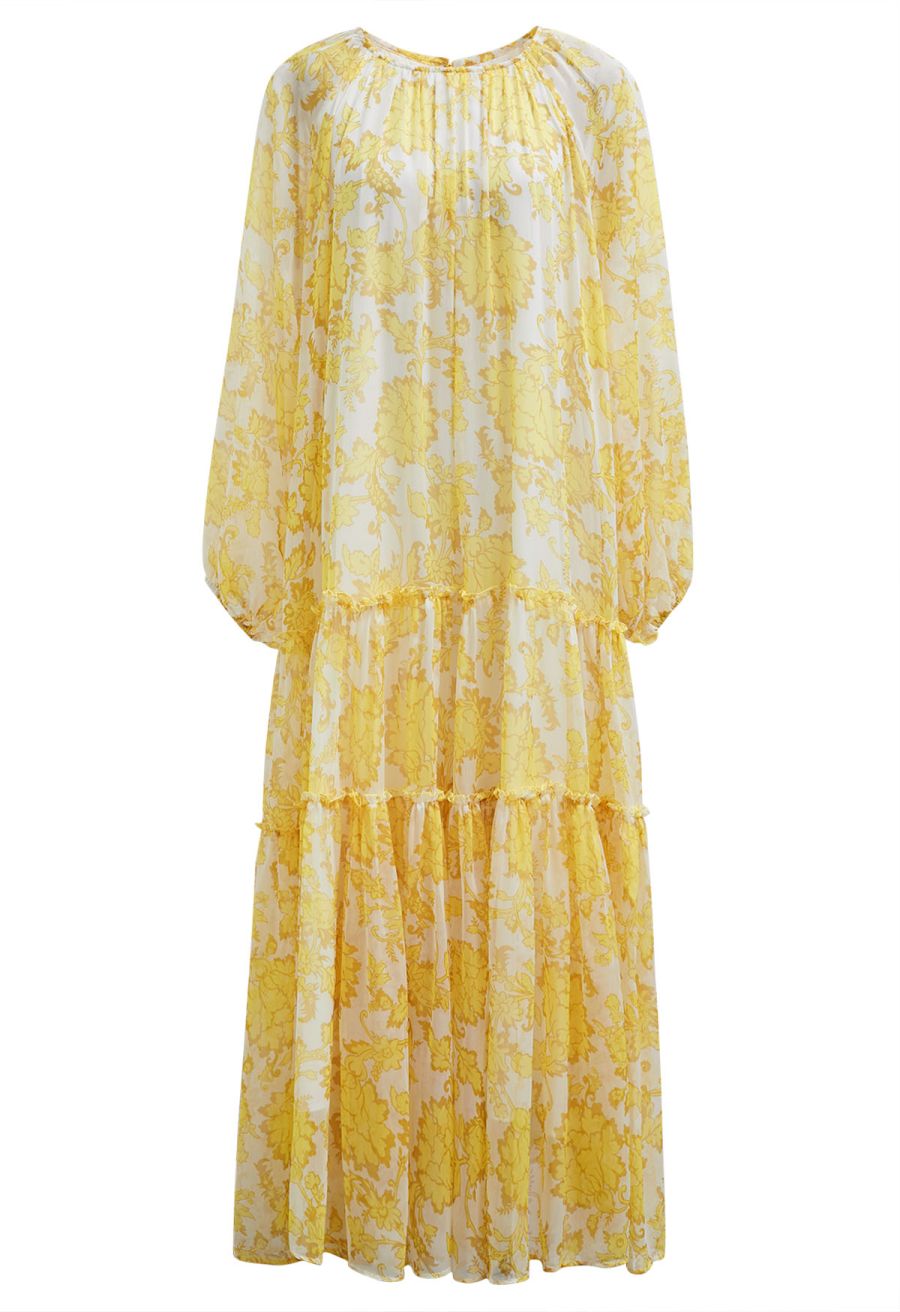 Serene Bloom Puff Sleeve Ruffle Chiffon Maxi Dress in Yellow