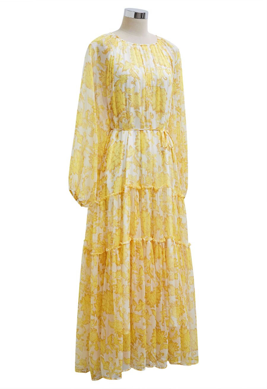 Serene Bloom Puff Sleeve Ruffle Chiffon Maxi Dress in Yellow