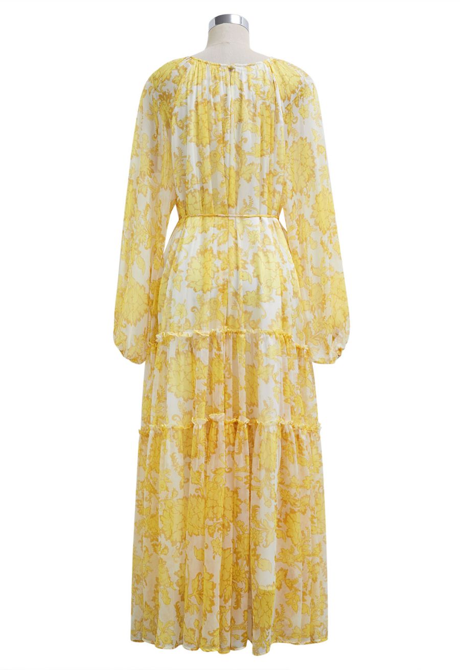 Serene Bloom Puff Sleeve Ruffle Chiffon Maxi Dress in Yellow