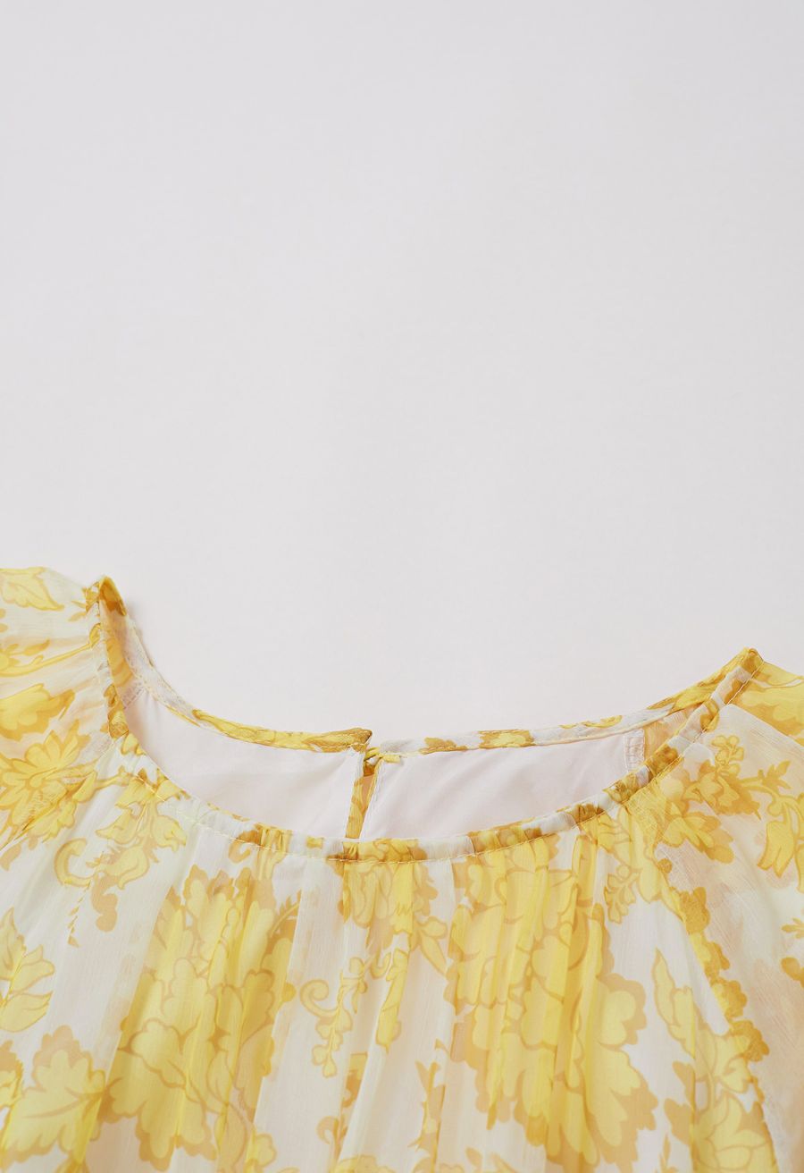 Serene Bloom Puff Sleeve Ruffle Chiffon Maxi Dress in Yellow