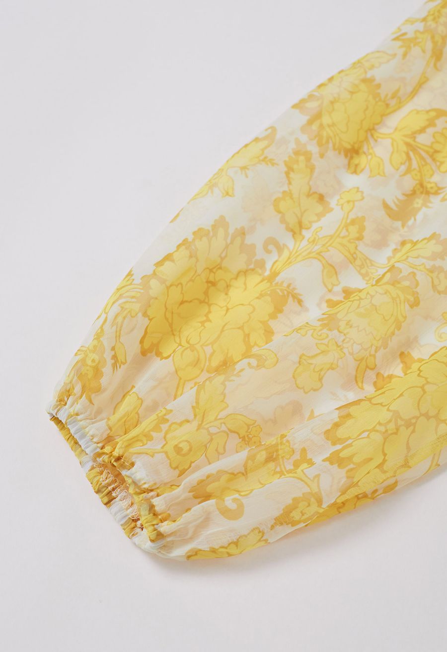 Serene Bloom Puff Sleeve Ruffle Chiffon Maxi Dress in Yellow