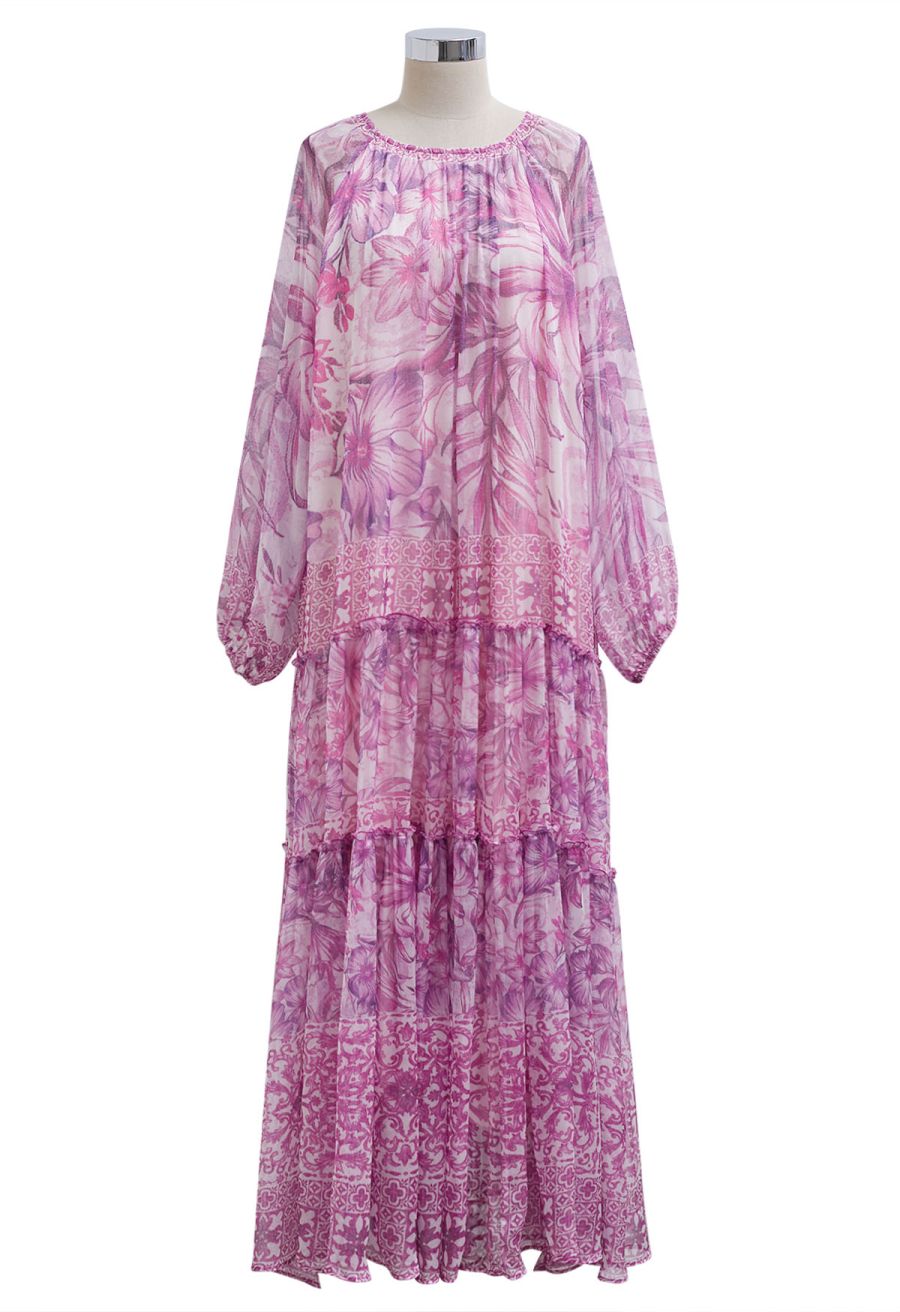 Wild Tropic Puff Sleeve Ruffle Chiffon Maxi Dress in Lavender