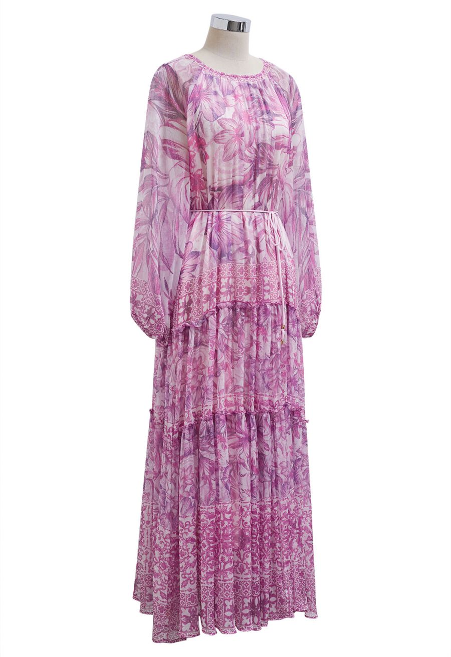 Wild Tropic Puff Sleeve Ruffle Chiffon Maxi Dress in Lavender