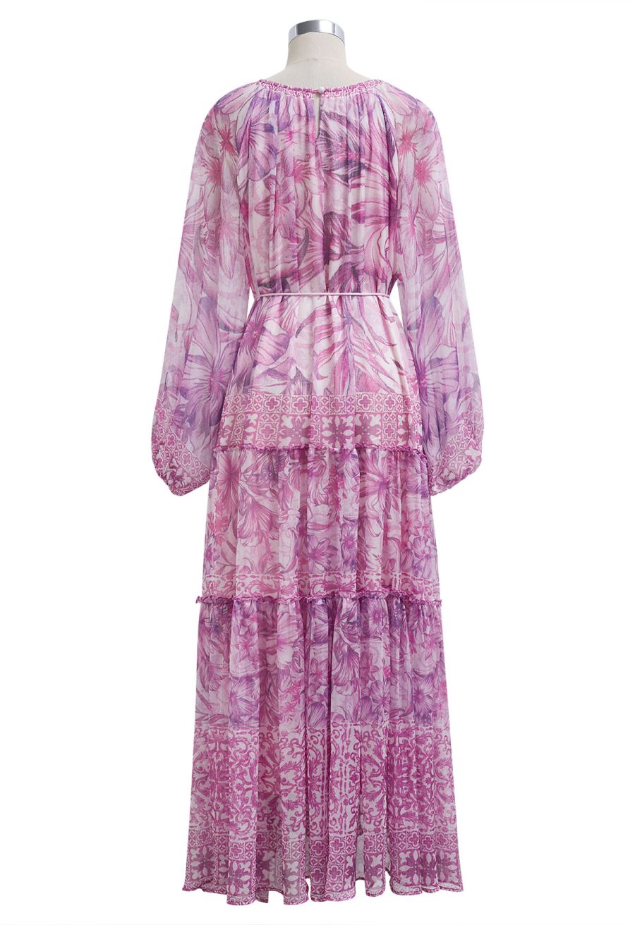 Wild Tropic Puff Sleeve Ruffle Chiffon Maxi Dress in Lavender